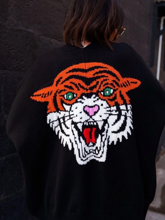 Dressed in LALA Sweaters - Dressed in LALA Black cardigan with Tiger oversized drapey